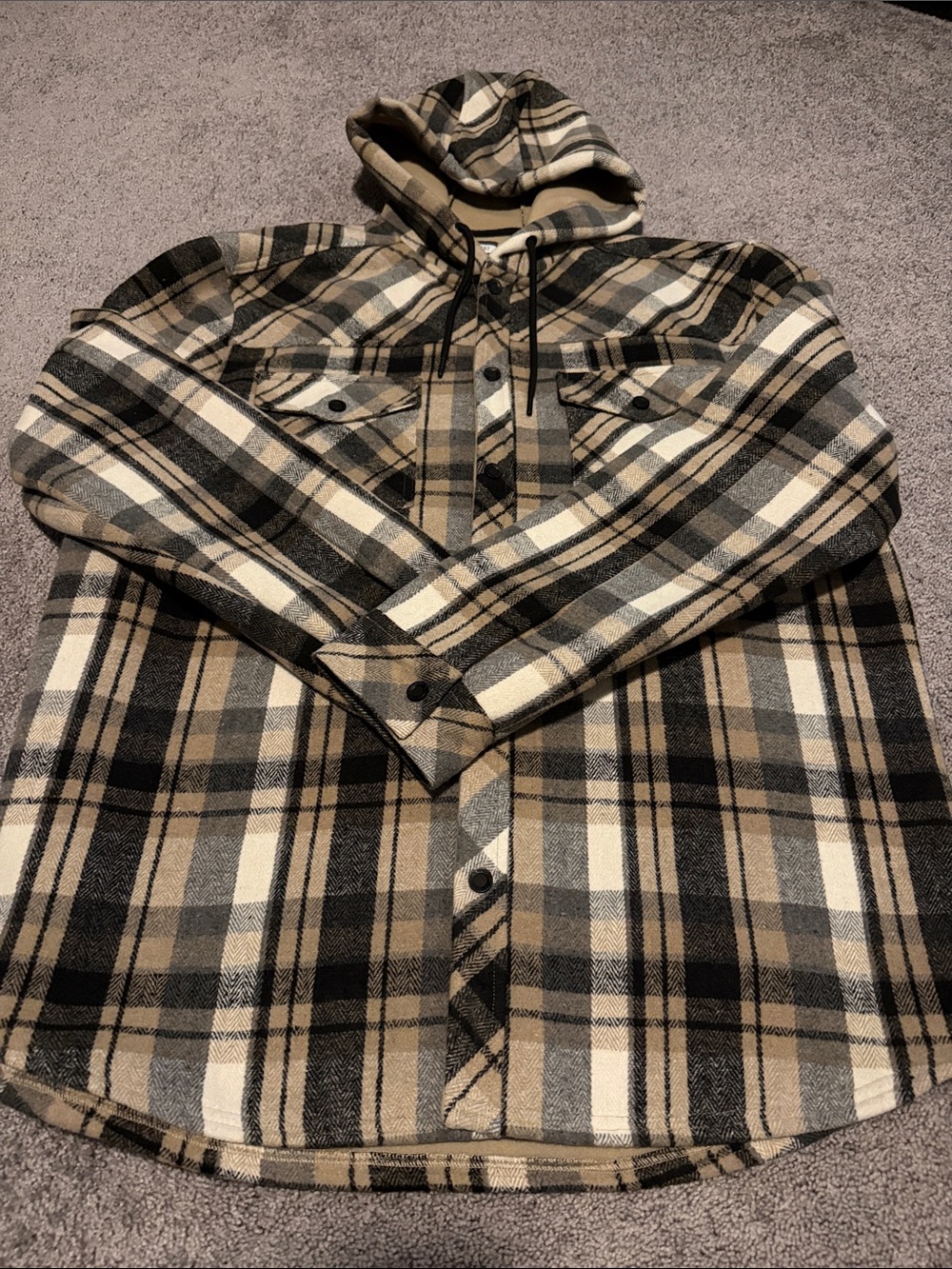 Men's Hooded Plaid Shirt Jacket - Beige, Black & Cream